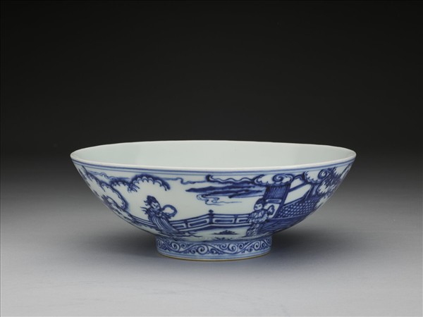 青花山水仕女圖碗