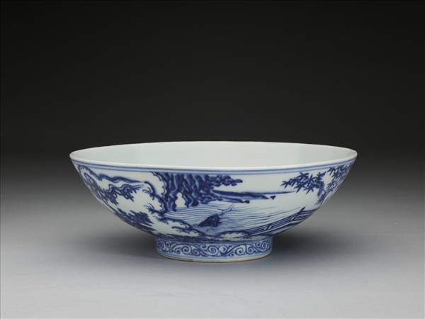 青花山水仕女圖碗