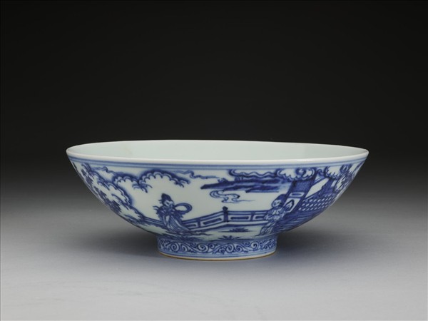 青花山水仕女圖碗