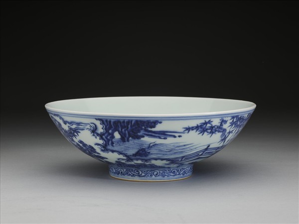 青花山水仕女圖碗