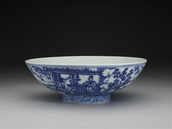 青花山水仕女圖碗