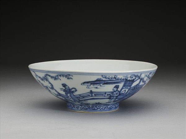 青花山水仕女圖碗