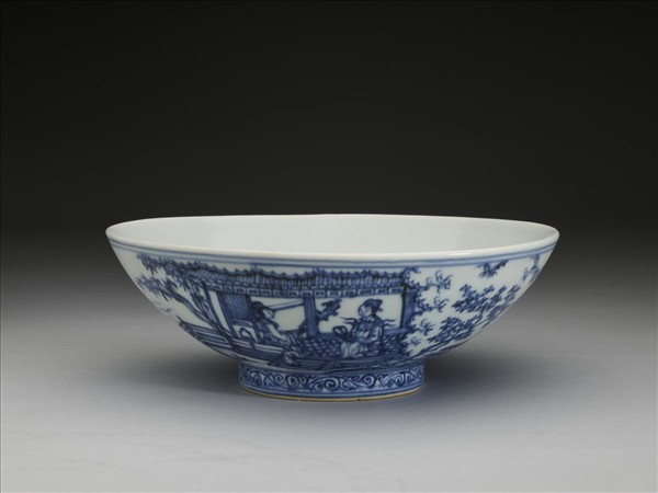 青花山水仕女圖碗