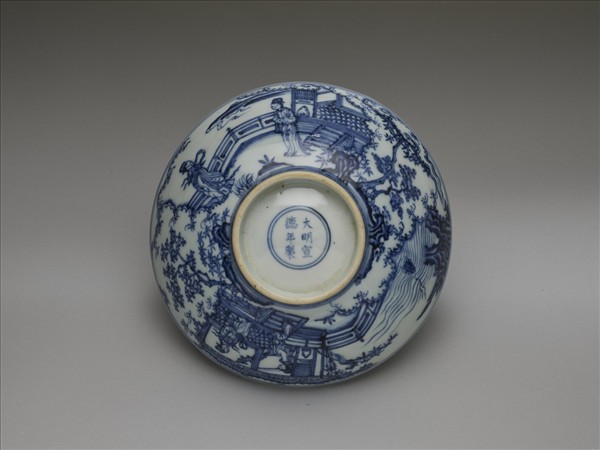 青花山水仕女圖碗