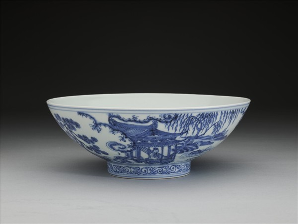 青花山水仕女圖碗