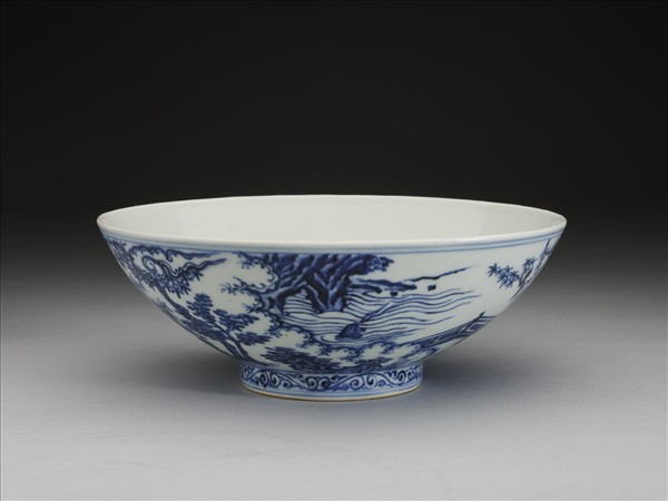 青花山水仕女圖碗