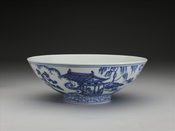 青花山水仕女圖碗