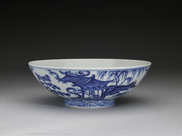 青花山水仕女圖碗