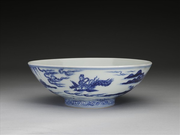 青花山水仕女圖碗