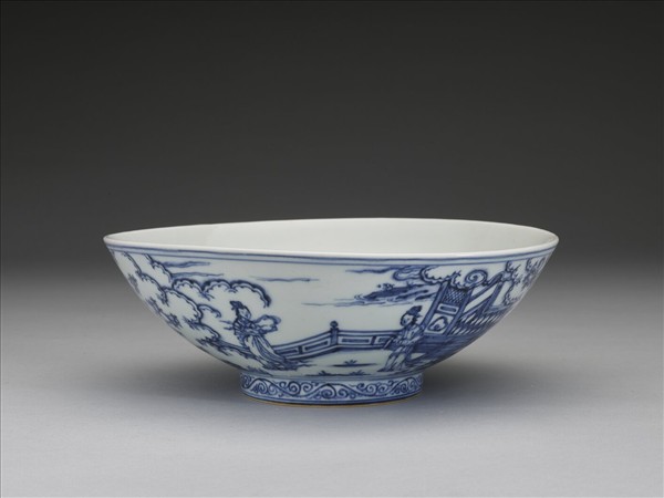 青花山水仕女圖碗