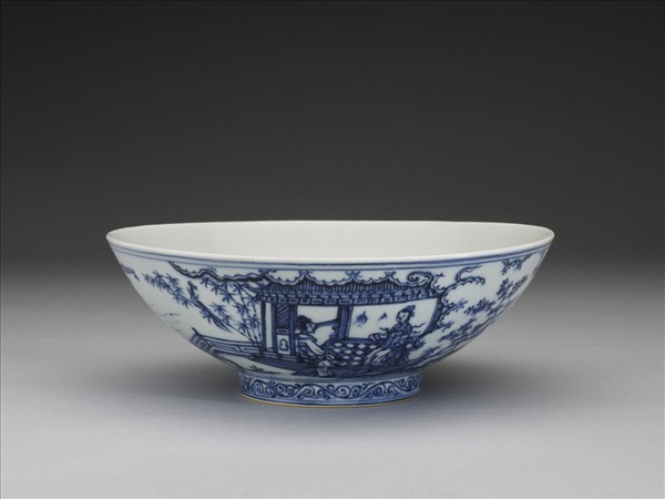 青花山水仕女圖碗