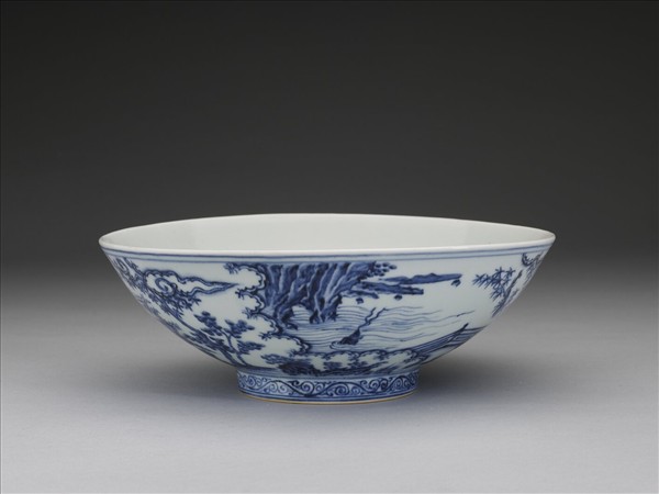 青花山水仕女圖碗