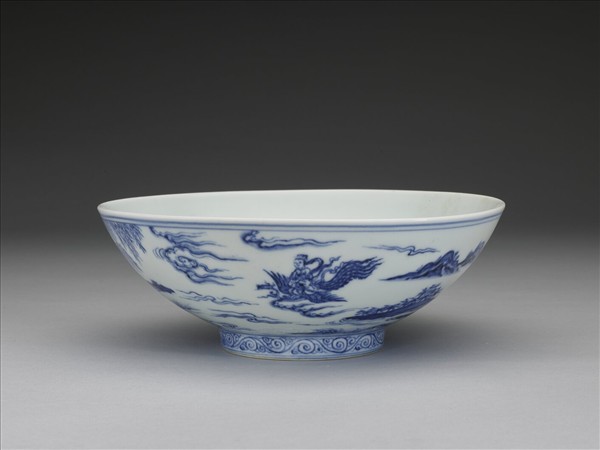 青花山水仕女圖碗