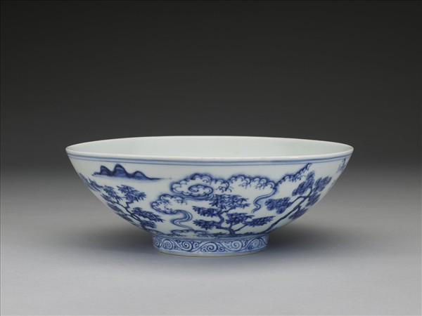 青花山水仕女圖碗