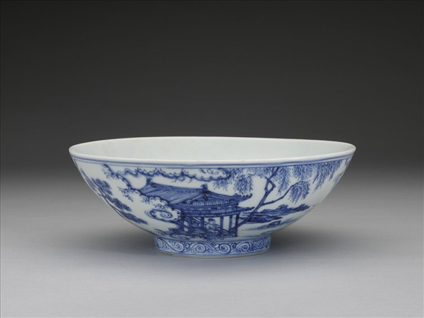 青花山水仕女圖碗