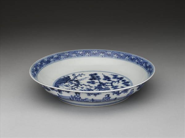 青花三友仕女圖盤