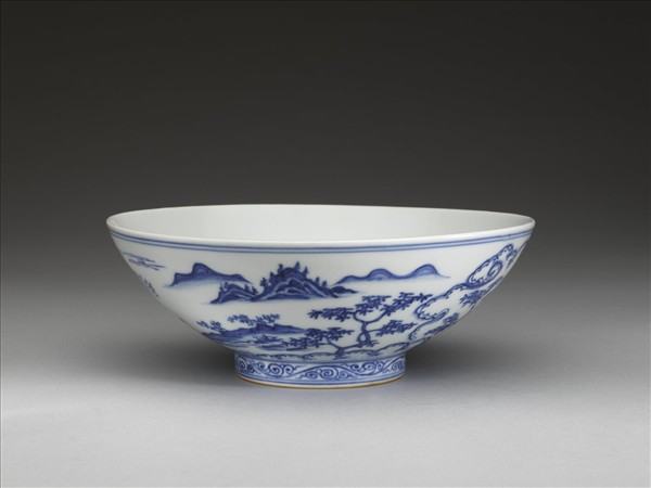 青花山水仕女圖碗