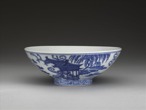 青花山水仕女圖碗