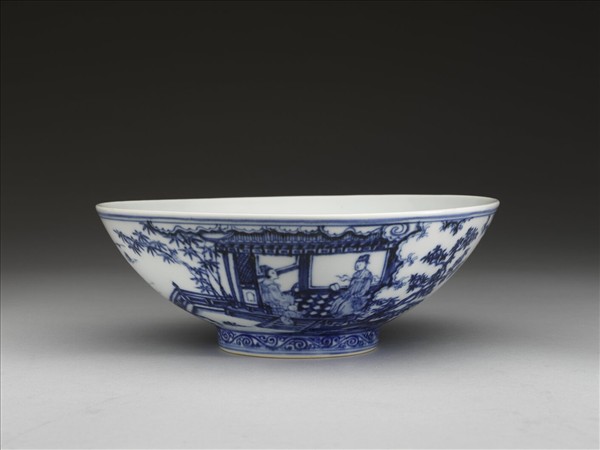 青花山水仕女圖碗