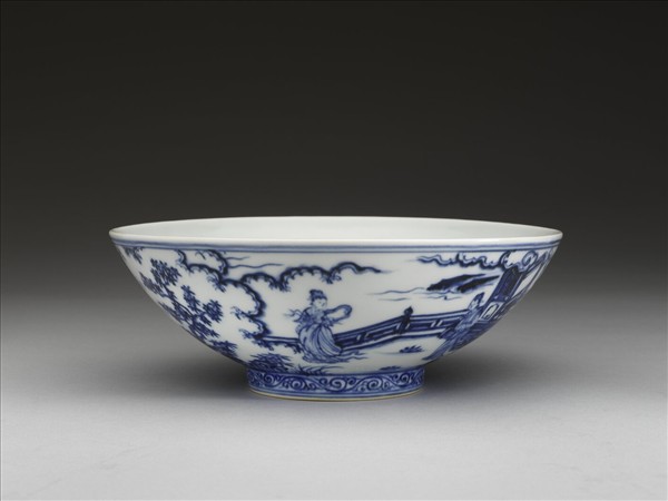 青花山水仕女圖碗