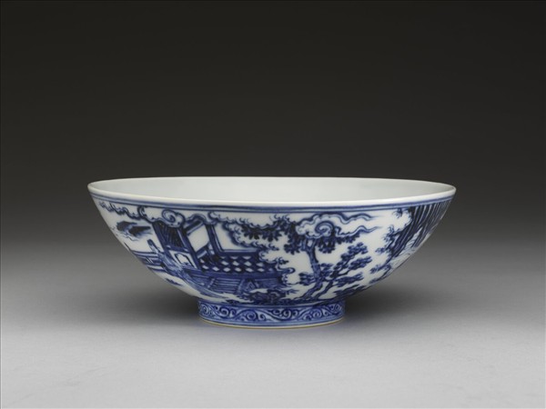 青花山水仕女圖碗