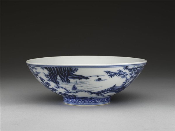 青花山水仕女圖碗