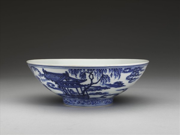 青花山水仕女圖碗