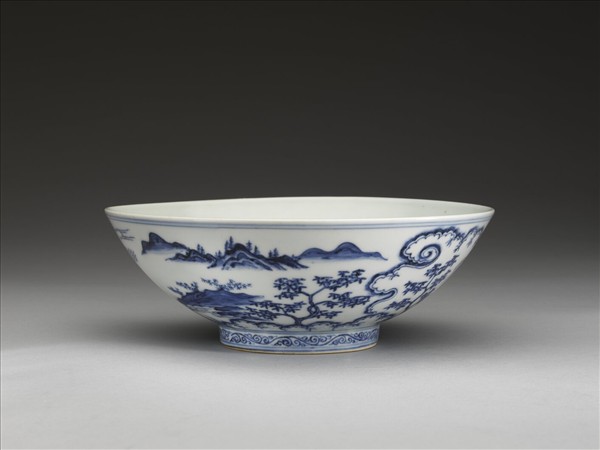 青花山水仕女圖碗