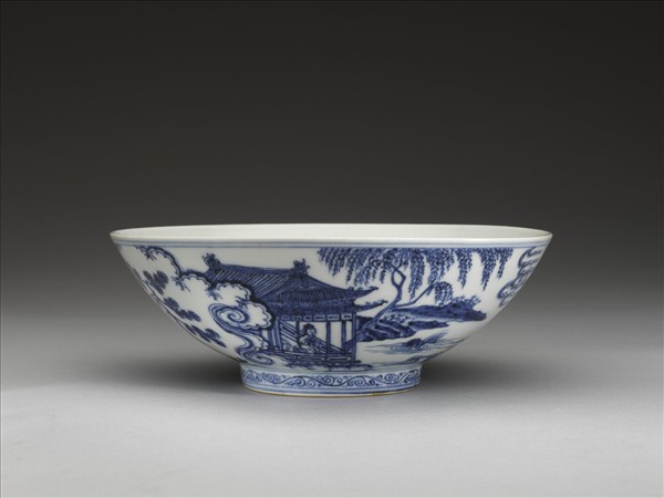 青花山水仕女圖碗