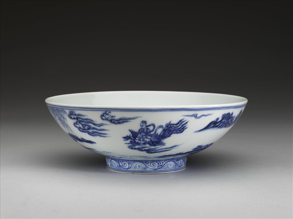 青花山水仕女圖碗