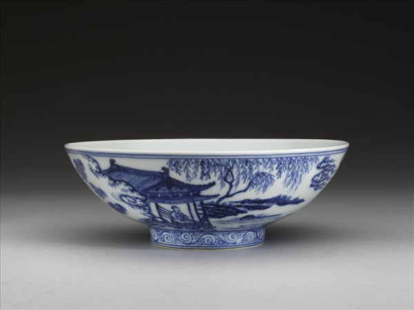 青花山水仕女圖碗