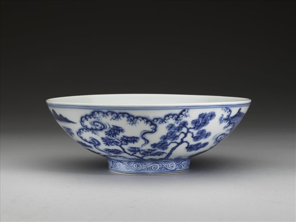 青花山水仕女圖碗