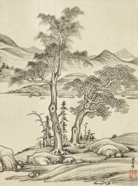 明項聖謨山水　冊　遠山喬木