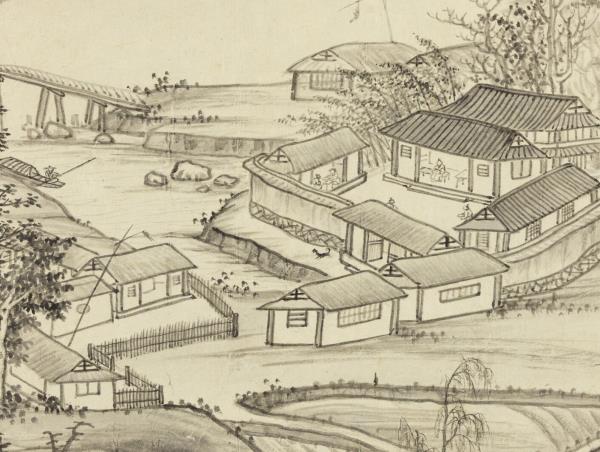 明項聖謨山水　冊　村居籬落