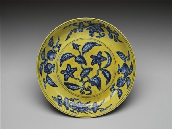 黃釉青花花果盤
