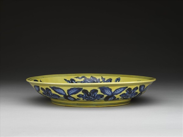 黃釉青花花果盤