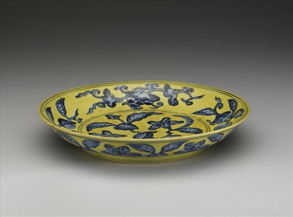 黃釉青花花果盤