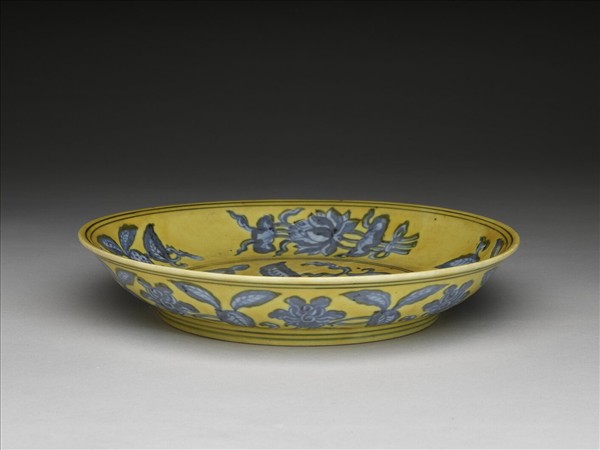 黃釉青花花果盤