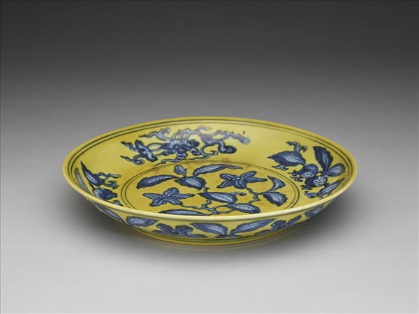 黃釉青花花果盤