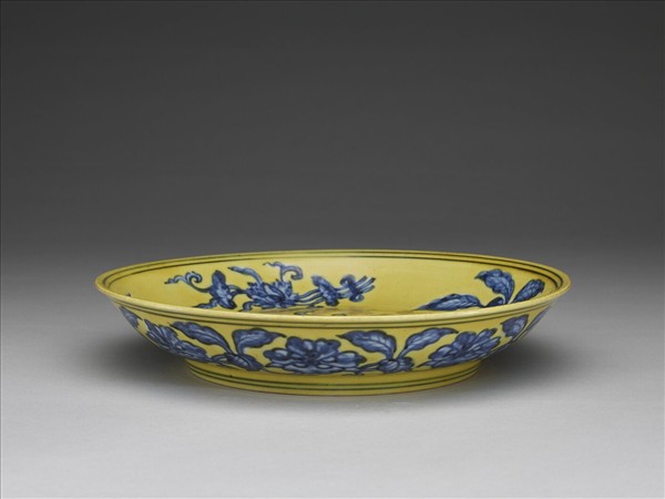 黃釉青花花果盤
