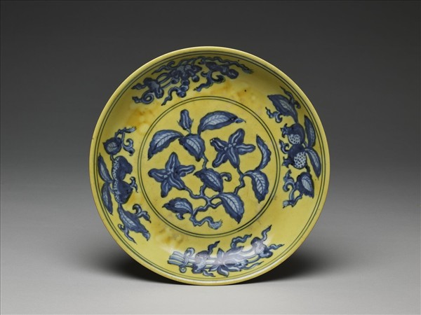 黃釉青花花果盤