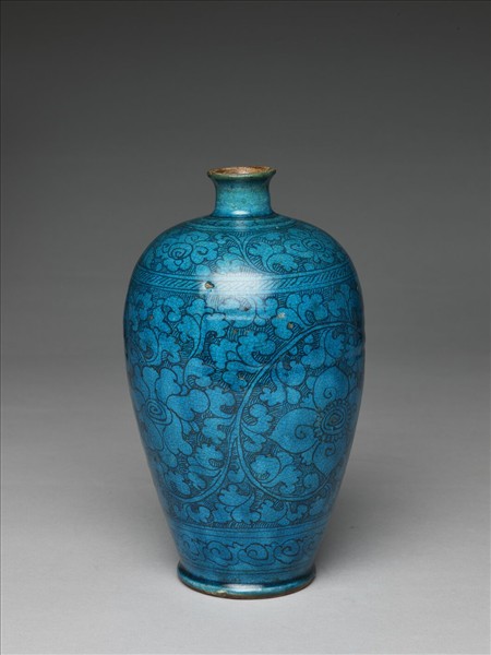 磁州窯 孔雀藍釉黑花紋梅瓶