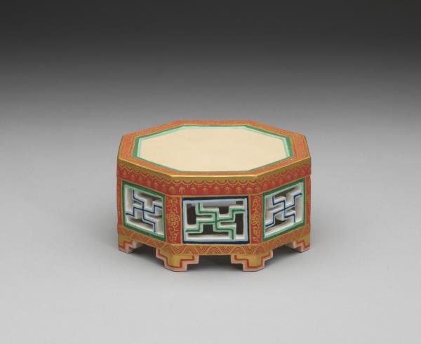 煎茶器組 鏤彫卍字八角彩瓷爐座