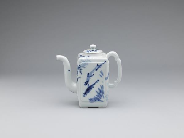 煎茶器組 日本 大正時代 青花魚藻詩文圖方形水注