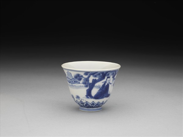 青花山水人物圖杯