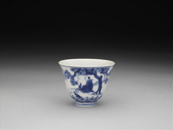 青花山水人物圖杯