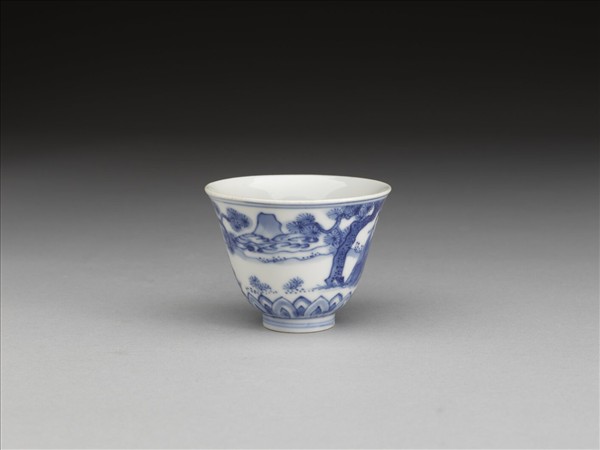 青花山水人物圖杯