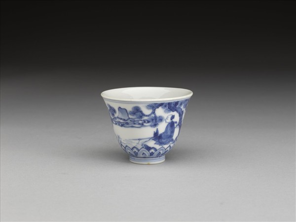 青花山水人物圖杯