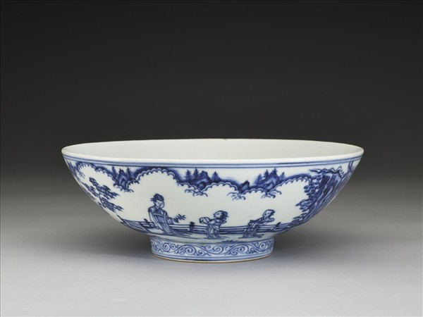 青花山水仕女圖碗