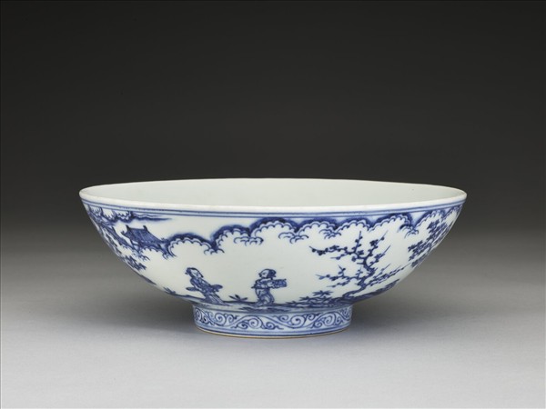 青花山水仕女圖碗